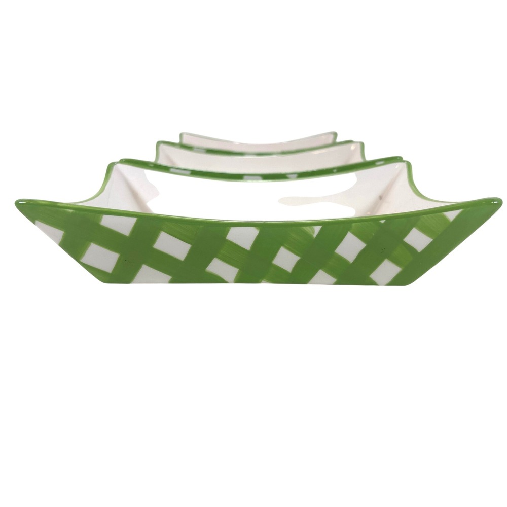 Clay Art Gingham BBQ Serving Dishes Set of 3 Green White Rectangular Bowls